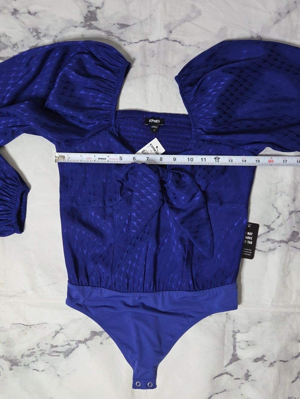 Express Blue Jacquard Tie Front Long Sleeve Body Suit - Picture 4 of 6